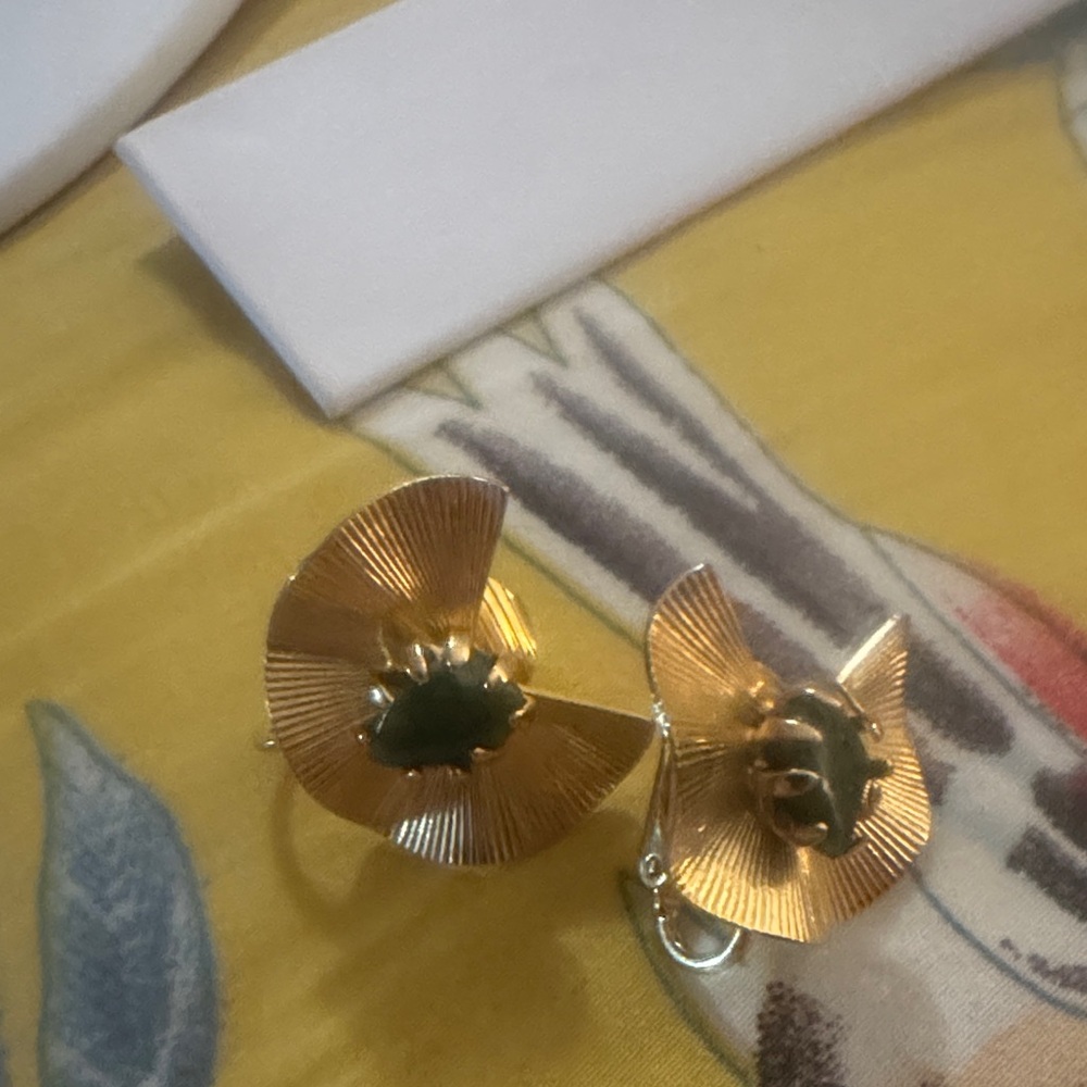 Gold-Tone Floral Clip-On Earrings with Green Center